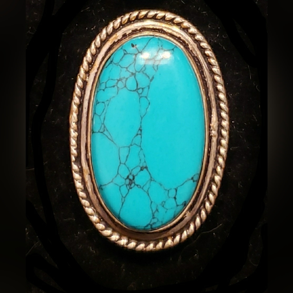 NEW Turquoise & Stamped Silver Ring, Lg Oval Stone, Perfect Color, Sz 7, Indian